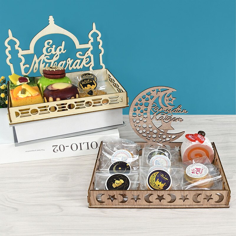 Eid Wooden Dessert Tray Ornament Candy Stander Ramadan Kareem Decor For Home Eid Islamic Muslim Party Gifts Eid Al Adha Supplies