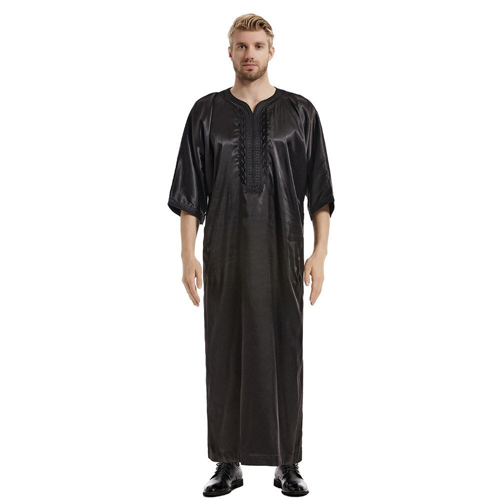 Muslim Men Kaftan Robe Satin Embroidery Jubba Thobe Arab Saudi Thoub Eid Ramadan Turkish Islamic Abaya Dress Traditional Clothes