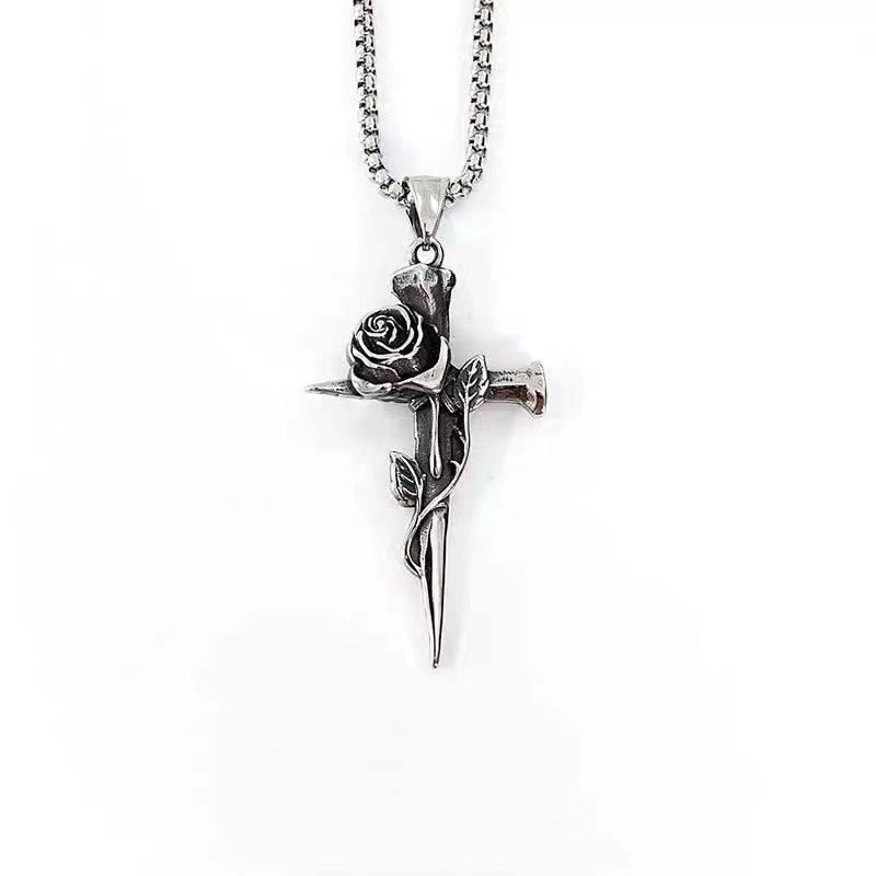 Gothic Vintage Rose Cross Titanium Steel Necklace