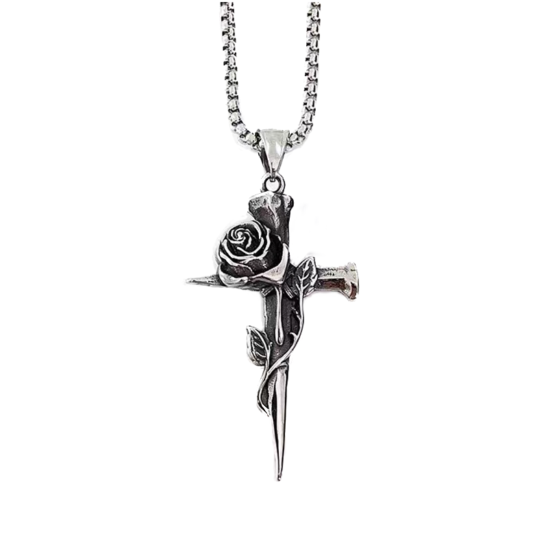 Gothic Vintage Rose Cross Titanium Steel Necklace