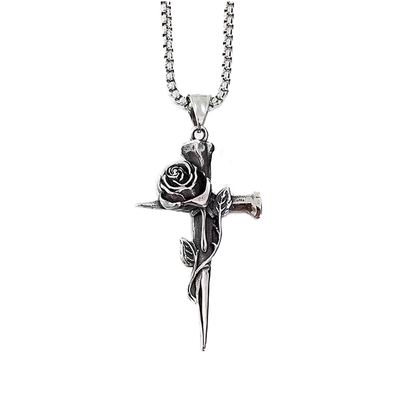 Gothic Vintage Rose Cross Titanium Steel Necklace