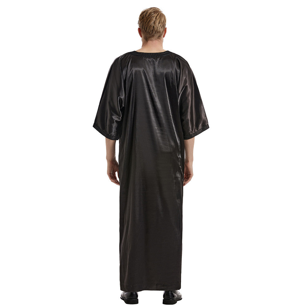 Muslim Men Kaftan Robe Satin Embroidery Jubba Thobe Arab Saudi Thoub Eid Ramadan Turkish Islamic Abaya Dress Traditional Clothes