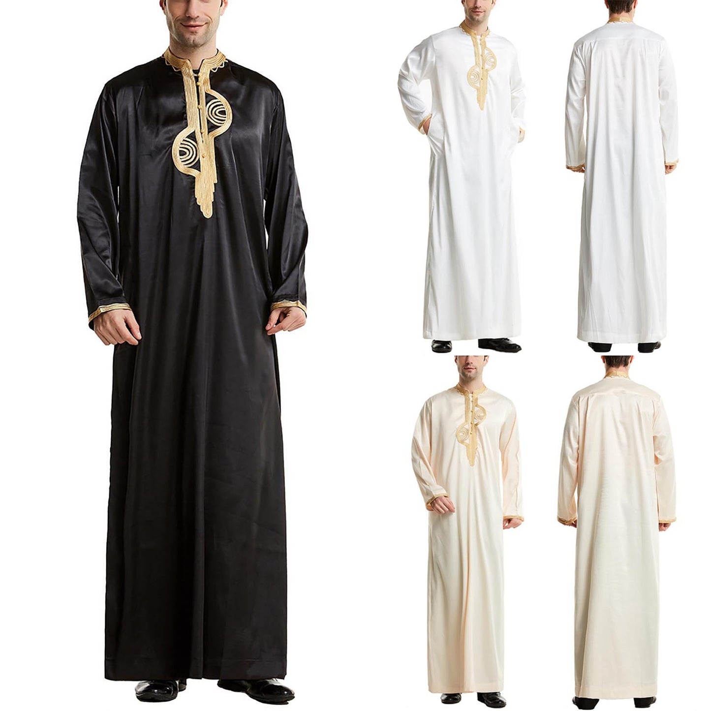 Men Muslim Islamic Kaftan Arabic Embroidery Long Sleeve Stand Collar Robes Vintage Dubai Caftan Men Jubba Thobe S-3XL