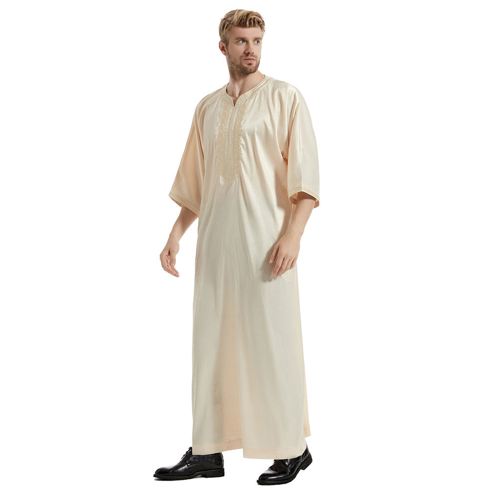 Muslim Men Kaftan Robe Satin Embroidery Jubba Thobe Arab Saudi Thoub Eid Ramadan Turkish Islamic Abaya Dress Traditional Clothes