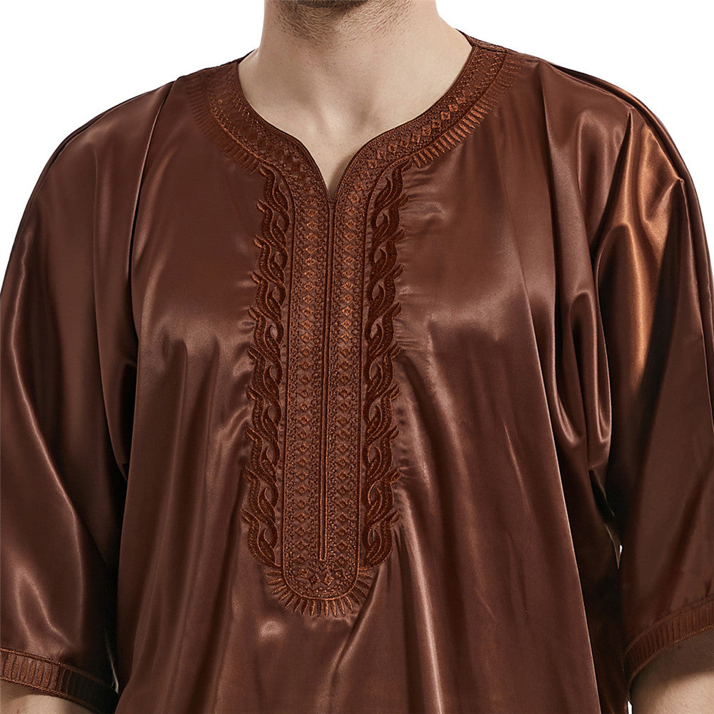 Muslim Men Kaftan Robe Satin Embroidery Jubba Thobe Arab Saudi Thoub Eid Ramadan Turkish Islamic Abaya Dress Traditional Clothes