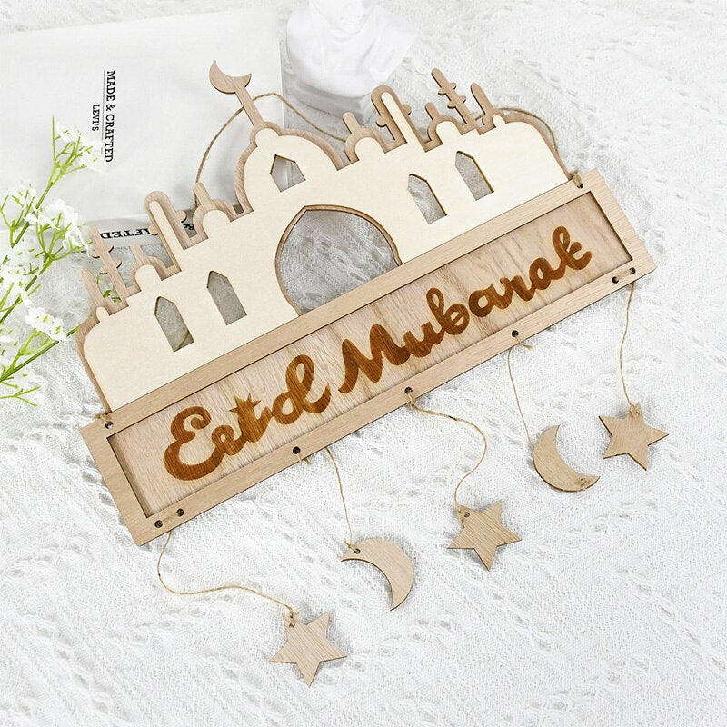 5pcs Wooden Eid Mubarak Pendant Islam Muslim Festival Party Ornaments Moon Star Ramadan Decoration