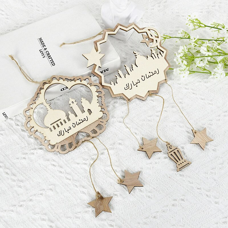 5pcs Wooden Eid Mubarak Pendant Islam Muslim Festival Party Ornaments Moon Star Ramadan Decoration