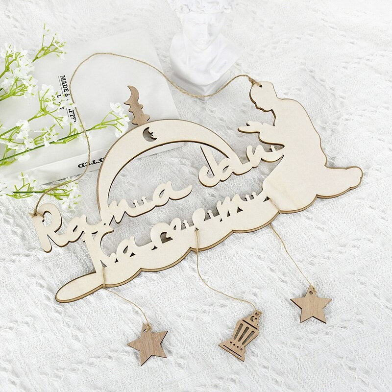 5pcs Wooden Eid Mubarak Pendant Islam Muslim Festival Party Ornaments Moon Star Ramadan Decoration