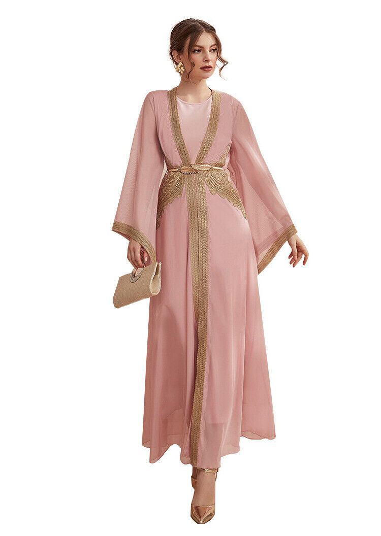 Pink Abaya Dubai Turkey Robe Sets Ramadan Muslim Women Maxi Dress Morocco Kaftan