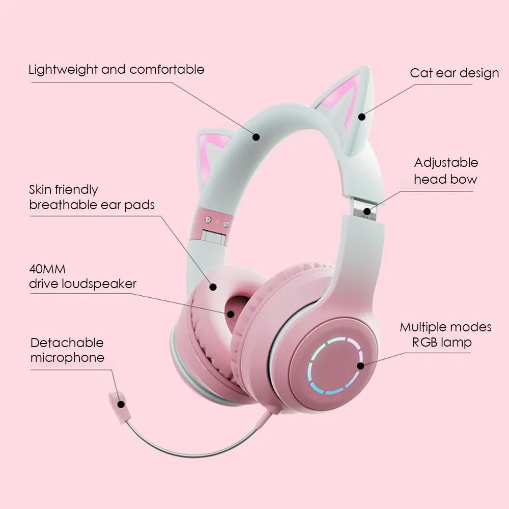 LED Cat Ear Wireless Bluetooth Noise Reduction Earphones With External Mic