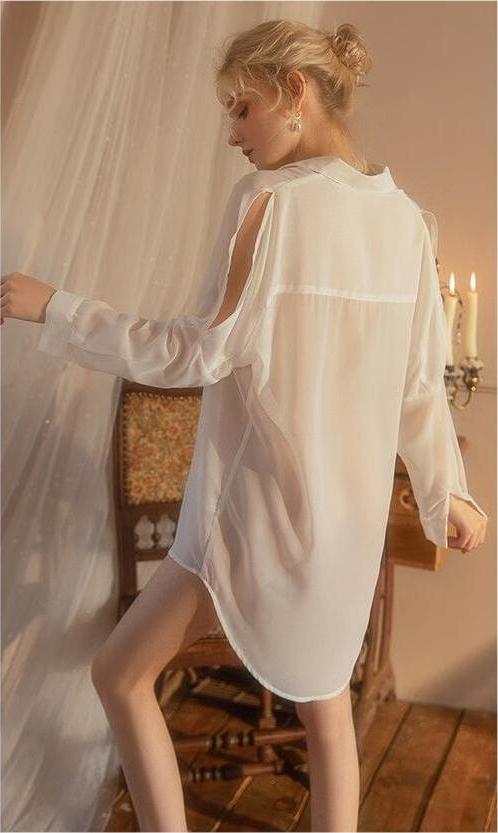 Hollow Out See Through Underwear Chiffon Sexy White Shirt