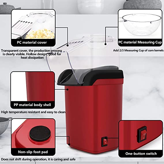 Popcorn Maker Machine Hot Air Popcorn Popper with Measuring Cup & Popcorn Bag, 2 Minutes Fast, No Oil Healthy Snacks for Kids Adults