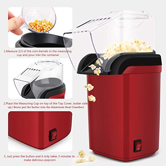 Popcorn Maker Machine Hot Air Popcorn Popper with Measuring Cup & Popcorn Bag, 2 Minutes Fast, No Oil Healthy Snacks for Kids Adults