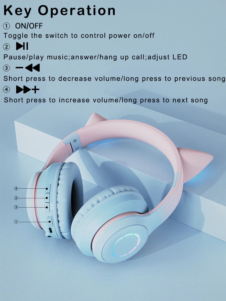 LED Cat Ear Wireless Bluetooth Noise Reduction Earphones With External Mic