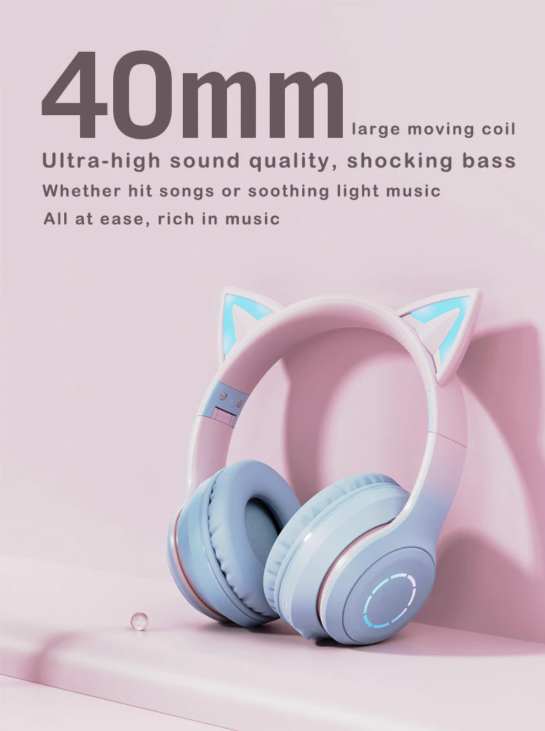 LED Cat Ear Wireless Bluetooth Noise Reduction Earphones With External Mic