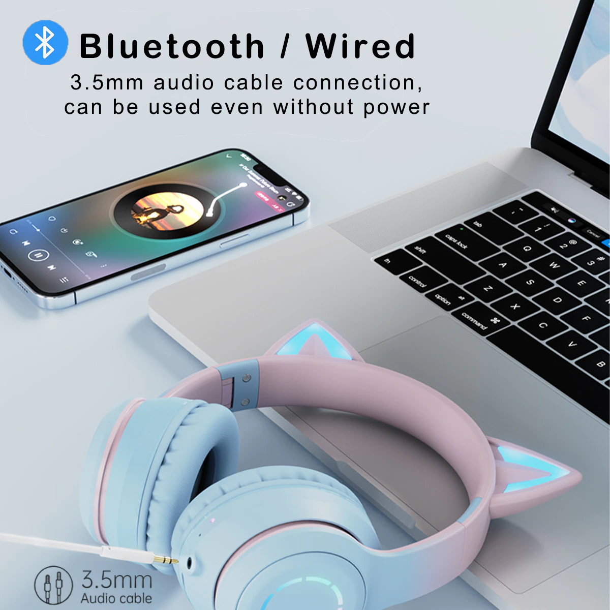 LED Cat Ear Wireless Bluetooth Noise Reduction Earphones With External Mic