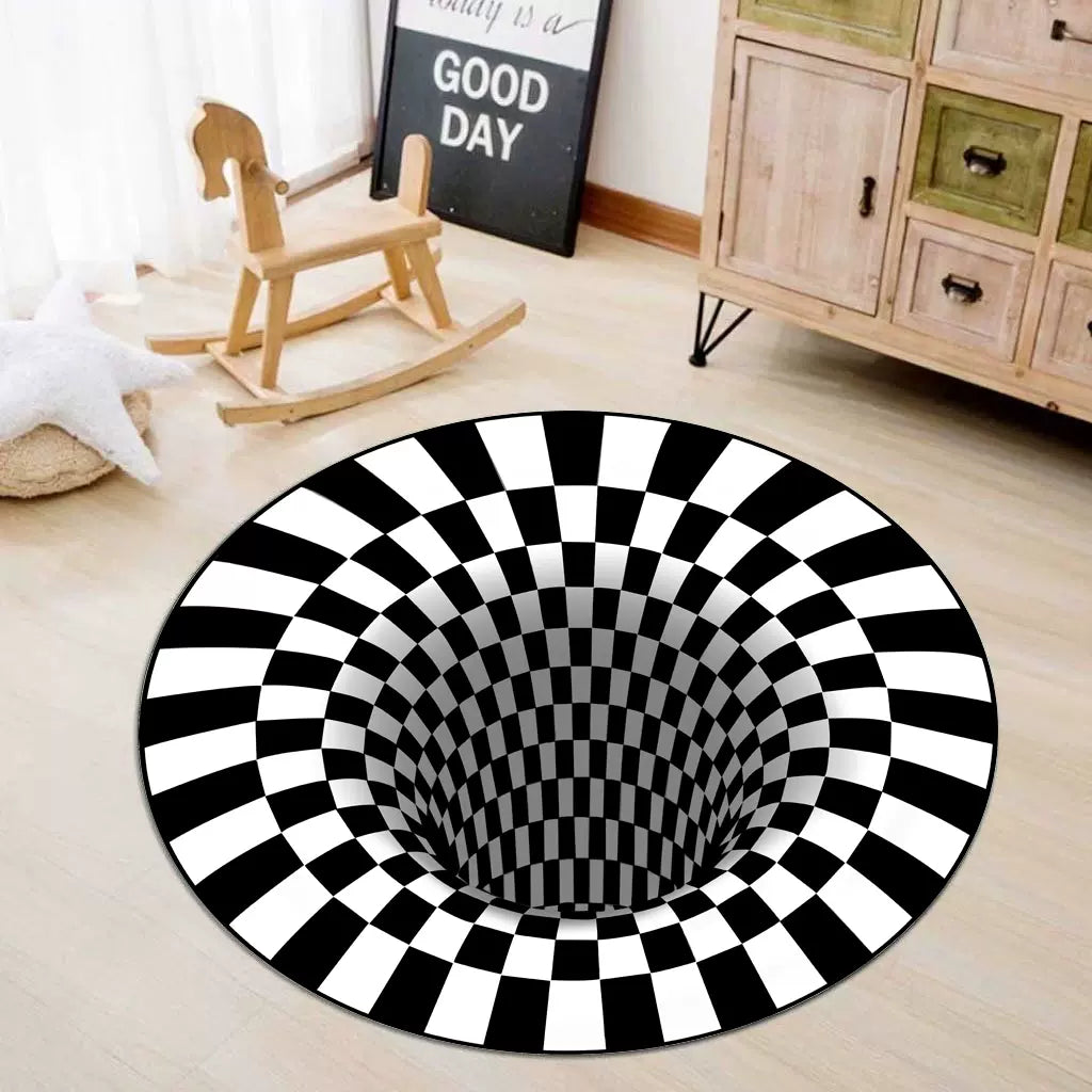 3D Carpet Bottomless Hole Optical Illusion Area Rug, Checkered Vortex Optical Illusions Rug