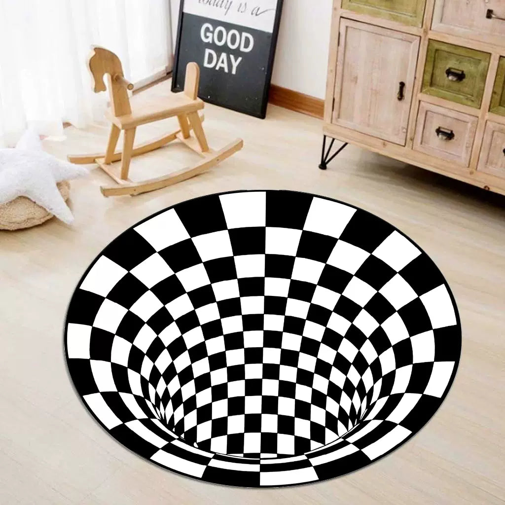 3D Carpet Bottomless Hole Optical Illusion Area Rug, Checkered Vortex Optical Illusions Rug