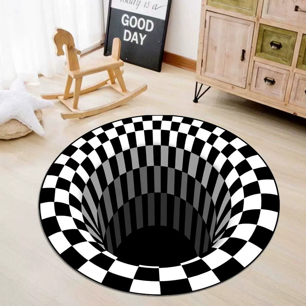 3D Carpet Bottomless Hole Optical Illusion Area Rug, Checkered Vortex Optical Illusions Rug