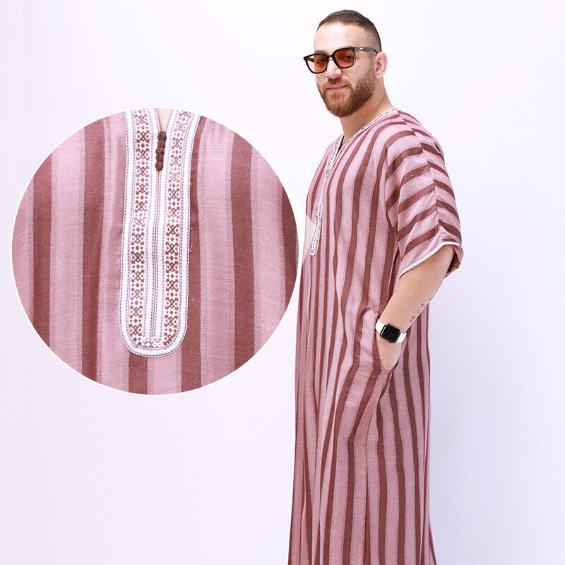 Men Robe Baggy Arab Thobe Clothing Long Gown Casual Shirts Muslim Short Sleeves